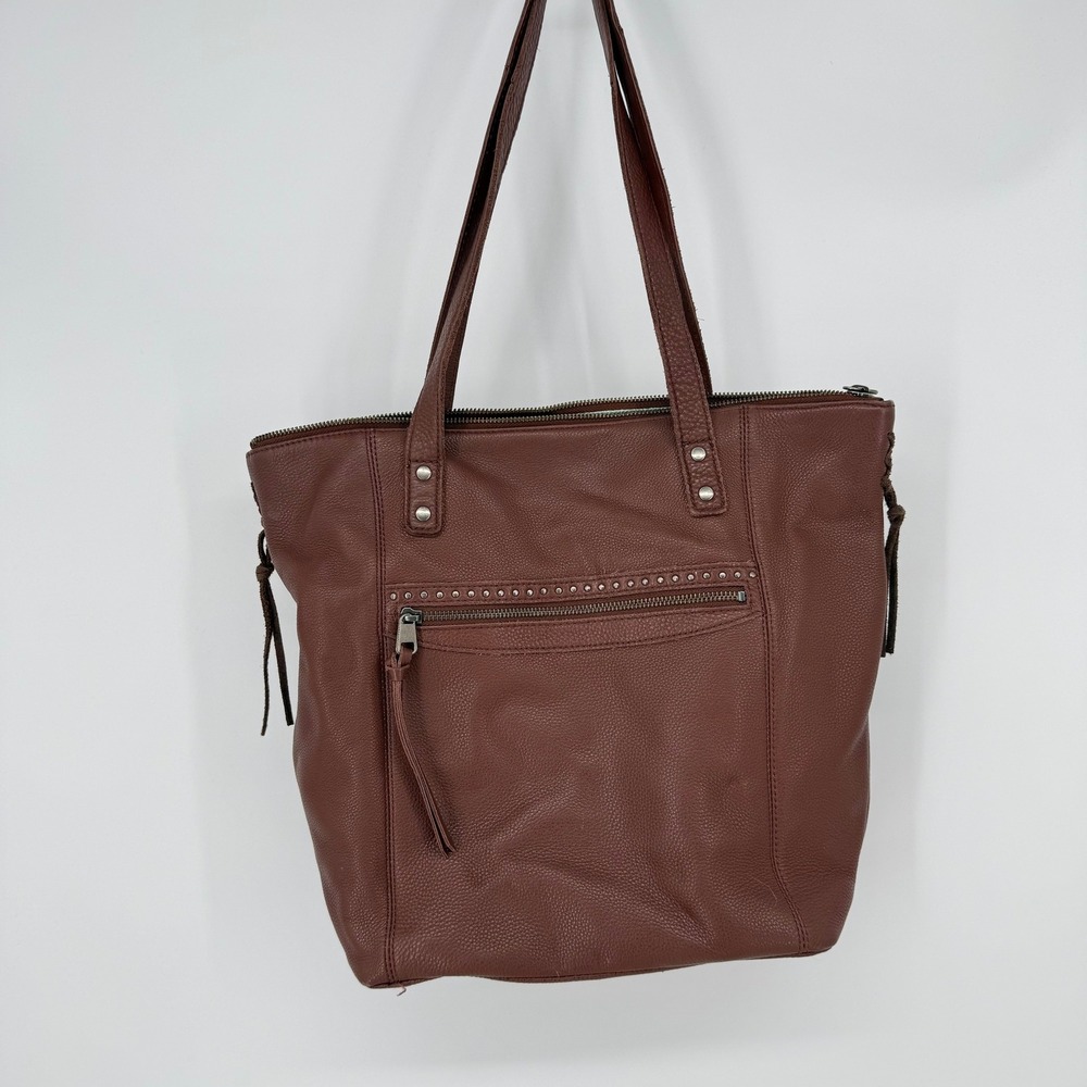 The Sak Tote Bag Womens Brown Leather Studded Zip Pocket